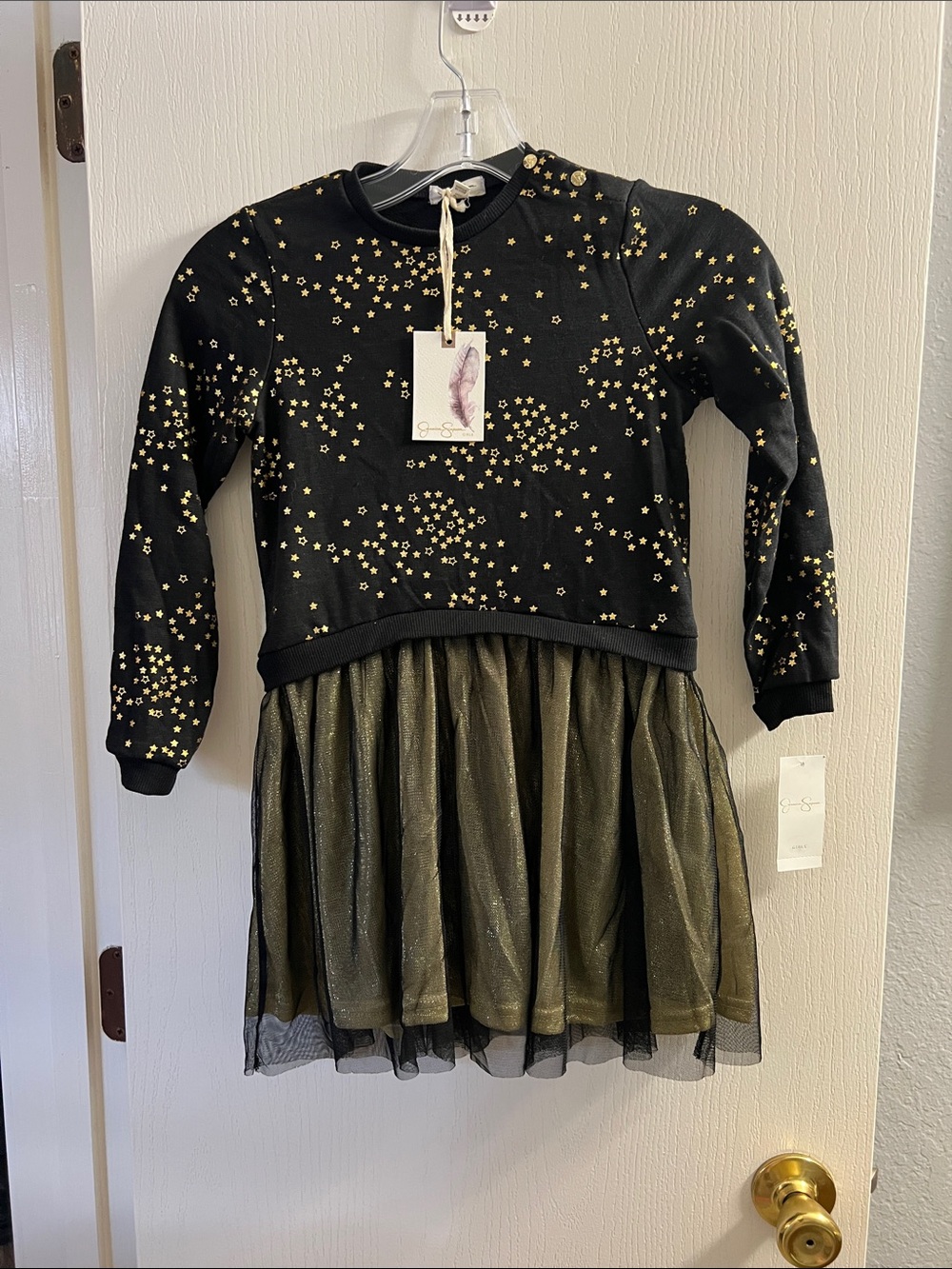 Jessica Simpson Black Dress with Gold Star Print and Olive Tulle Skirt